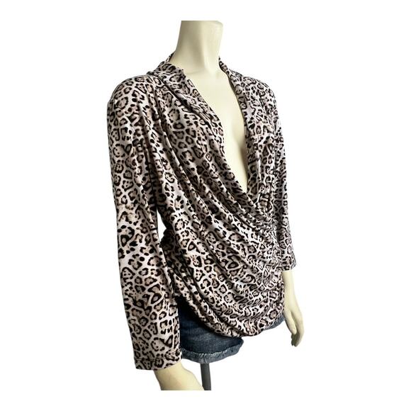 Leopard Draped Plunge Blouse Shirt Low Cut V-neck Top L Large Cheetah Cocktail - Picture 4 of 7